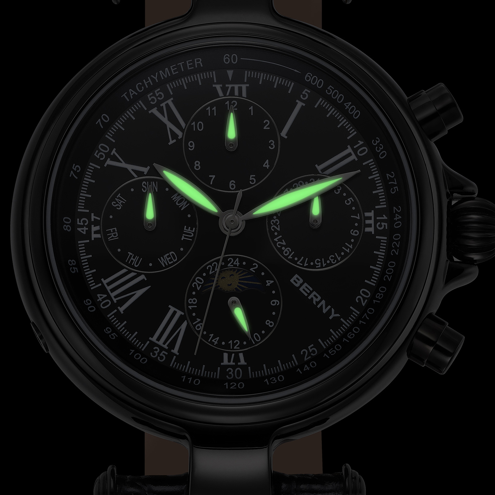 BERNY Automatic Watch for Men Classic Mechanical Self Winding Wristwatch 3ATM Waterproof Multi-Functional Dials Date, Week, Month and Moon Phase