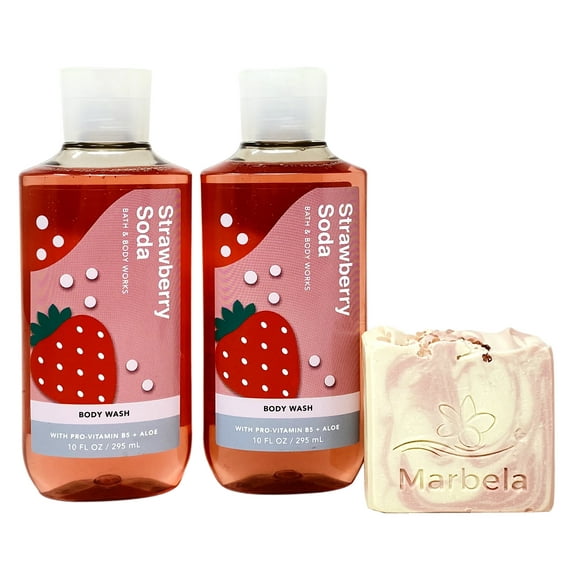 Bath & Body Works Strawberry Soda 2 Pack Body Wash Bundle with a Marbela Himalayan Salts Springs Bar Soap - Full Size