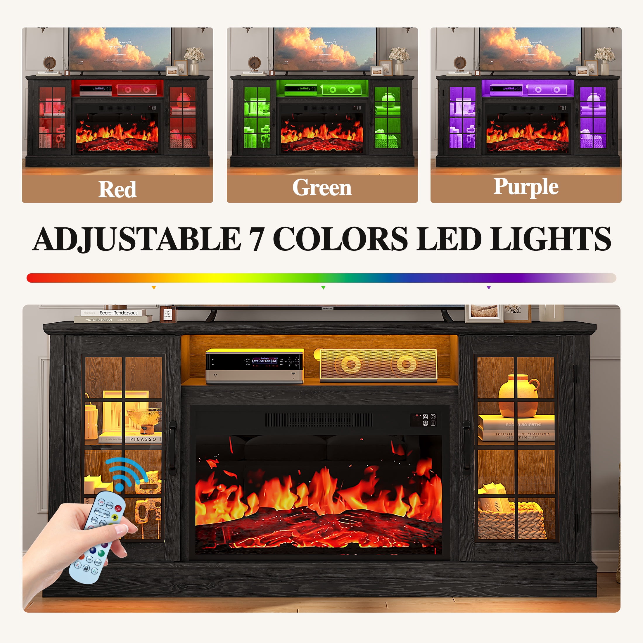 SYNGAR 63" Fireplace TV Stand for TVs up to 70" with 32" Electric Fireplace, Console Entertainment Center Television Table with LED for Living Room or Bedroom, Black