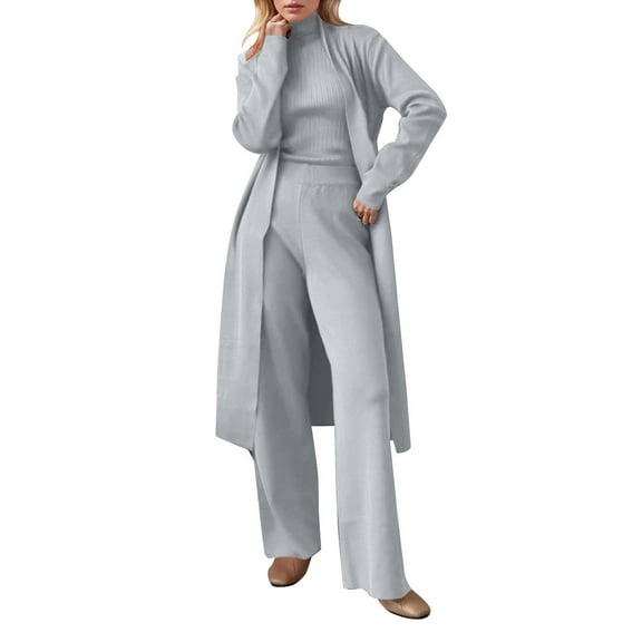 Womens Knit 3 Piece Sets Long Cardigan Neck Sweaters Wide Leg Pants Coordinated Outfit Fall Winter Business Casual Travel Outfits