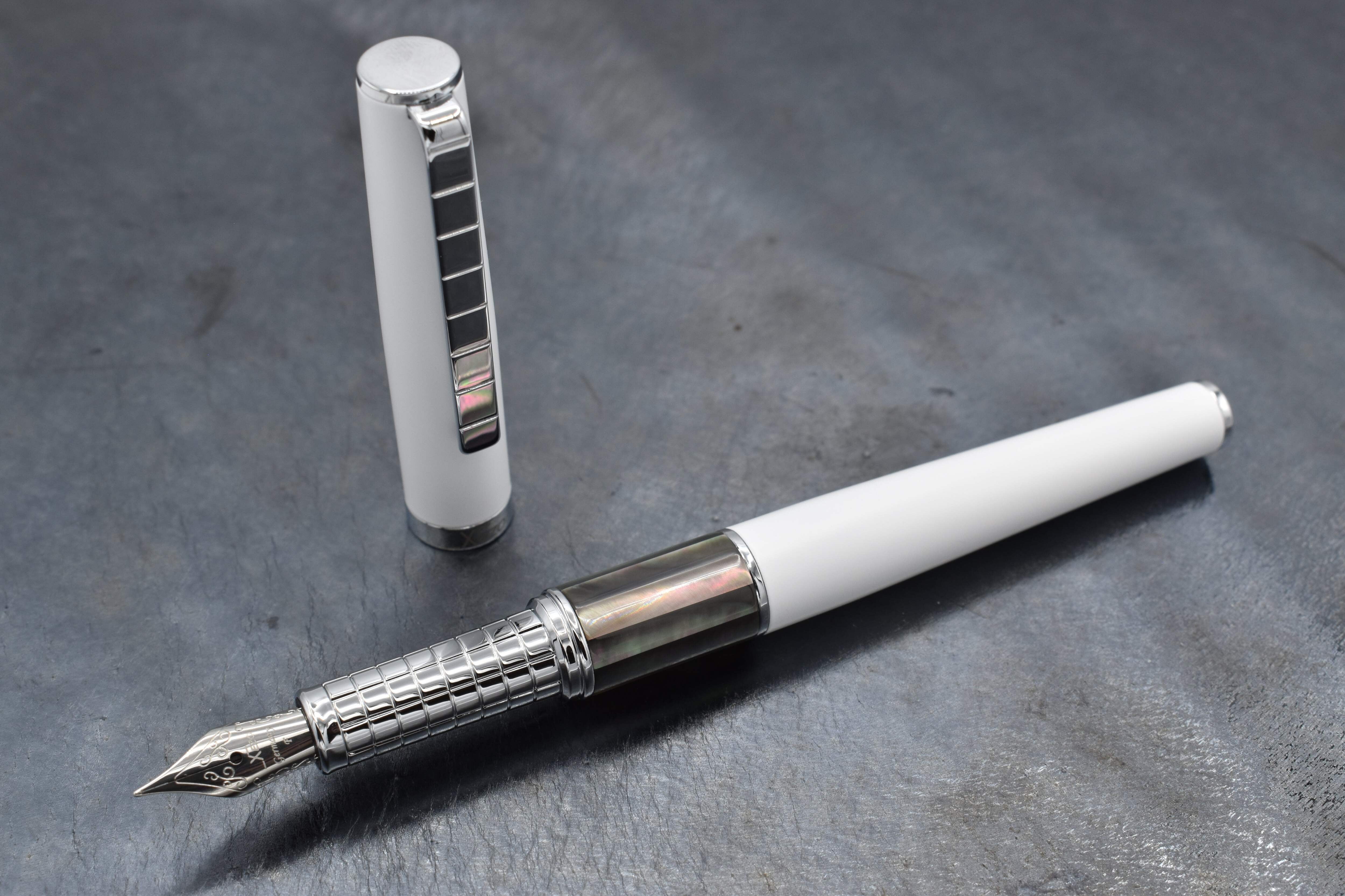 Xezo Speedmaster® White Brass Fountain Pen (Fine Nib) - With Tahitian Black Mother of Pearl