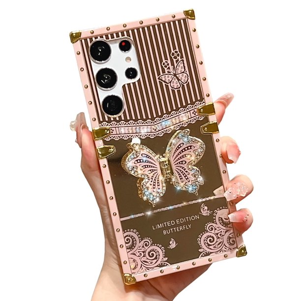Funda compatible con iPhone de 16 a 6,1 pulgadas con purpurina de lujo, diseño de mariposa, plegable, con soporte, suave, con efecto espejo de policarbonato, antideslizante, para mujeres y niñas
