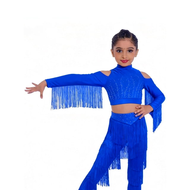 Runhomal Latin Dance Shirts for Girls Long Sleeve Cold Shoulder Tassels Dance Performance Crop Top Royal Blue 10