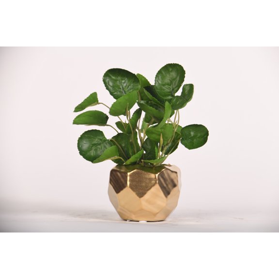 D&W Silks Eucalyptus in Gold Geometric Planter