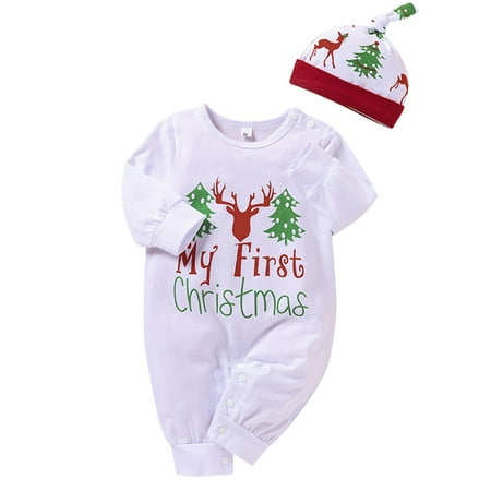 

Ozmmyan Christmas Toddler Clothes Newborn Infant Baby Boys Girls Christmas Letter Print Romper Jumpsuit +Hat Sets on Clearance
