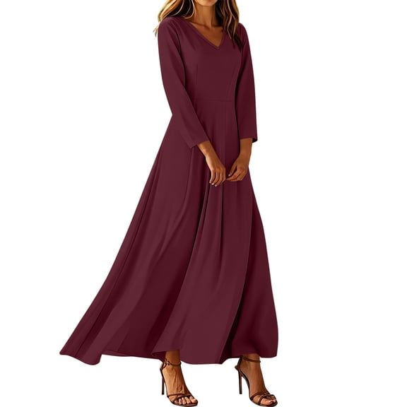 Nowekniz Women's Solid V Neck Maxi Dress Elegant A-Line Long Flowy Dress For Wedding Guest Cocktail Party Formal