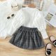 thumbnail image 5 of Gibobby Conjunto de 2 uds de sudadera y pantalón para niños pequeños, bebés, Niñass, camiseta de manga larga, Tops, faldas a cuadros de lana con botones(Gris, 4-5 Años), 5 of 5