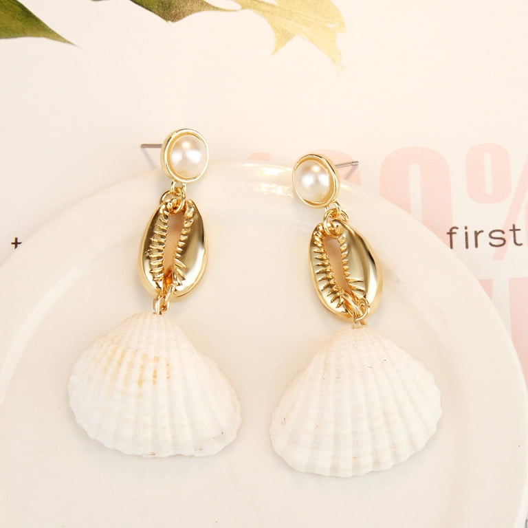 Sparkling Seashell Earrings For Women - Pink Rhinestone & Faux Pearl Dangle Earrings, Hypoallergenic Beach Jewelry