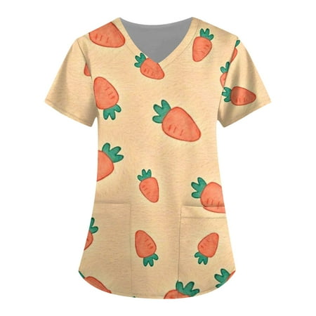 

Fragarn Scrub Top Women Lace-up V Neck Cartoon Pattern Tops Nursing Working Uniform Short Sleeve T-Shirts Yellow 4XL