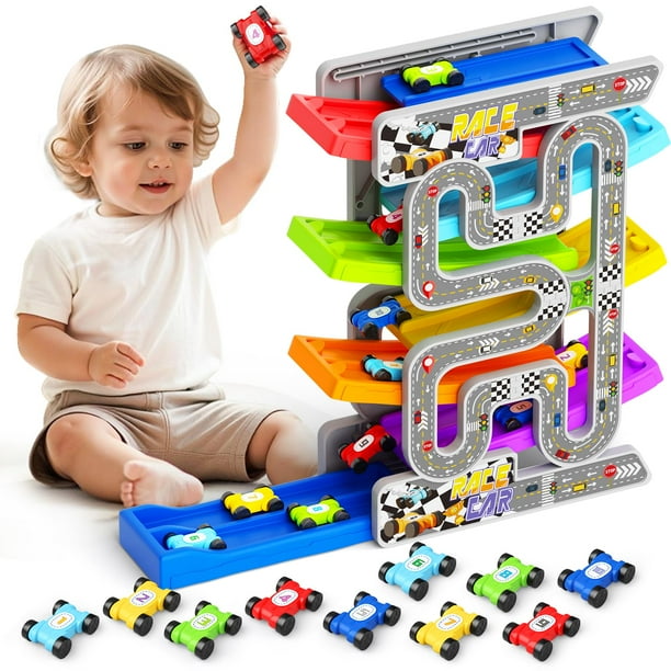 Juguete para rampa de coche Aotipol para niños pequeños de 2 a 3 años con 10 coches