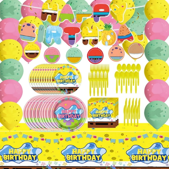 Yellow Cartoon Theme Party Decorations, Party Favors Birthday Supplies Including Banner, Plates, Napkins, Forks, Spoons, Knives, Balloons, Hanging Swirls and Tablecloth Pack Set for 10 Guests