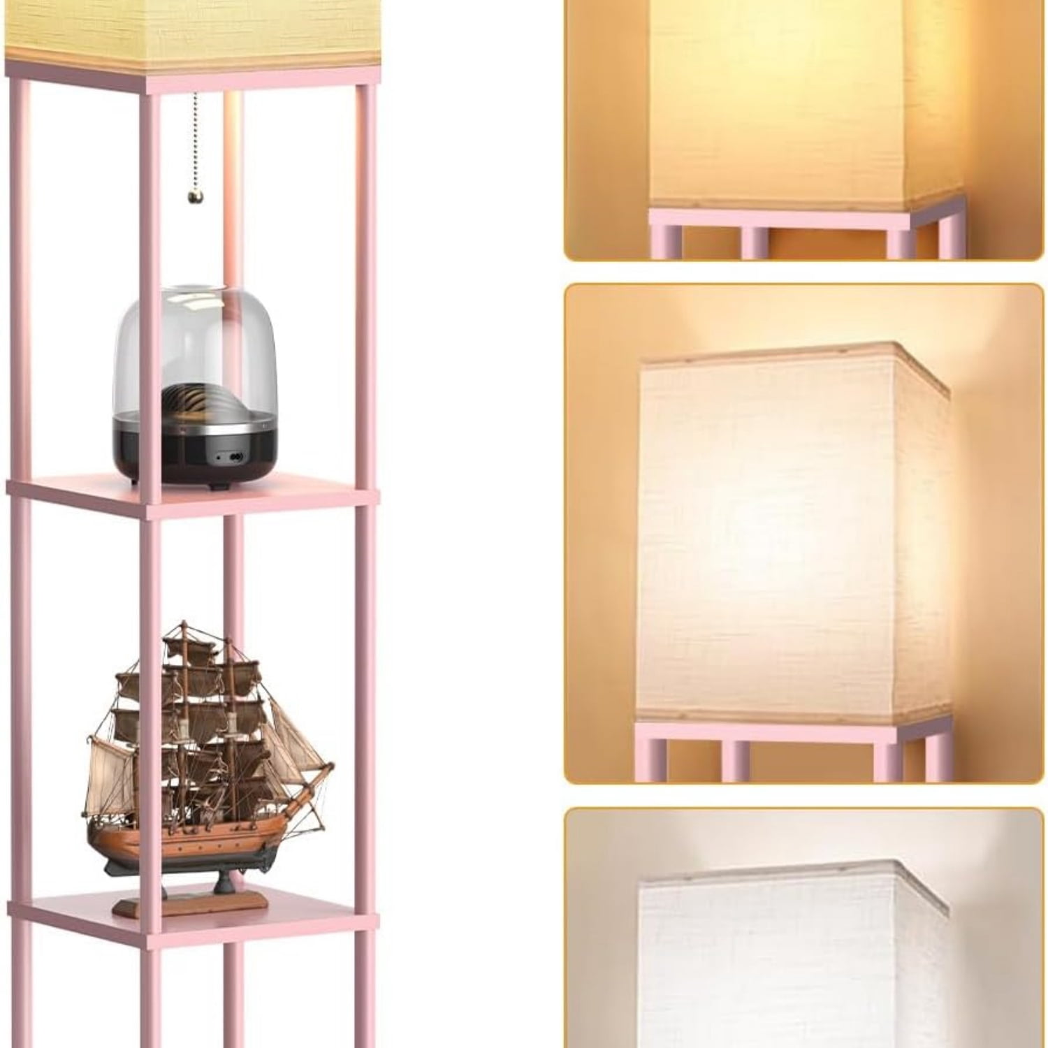 Pink Floor Lamp with Shelves for Living Room, Shelf Floor Lamp with 3 CCT LED Bulb, Corner Display Standing Column Lamp Etagere Organizer Tower Nightstand with White Linen Shade for Bedroom, Office