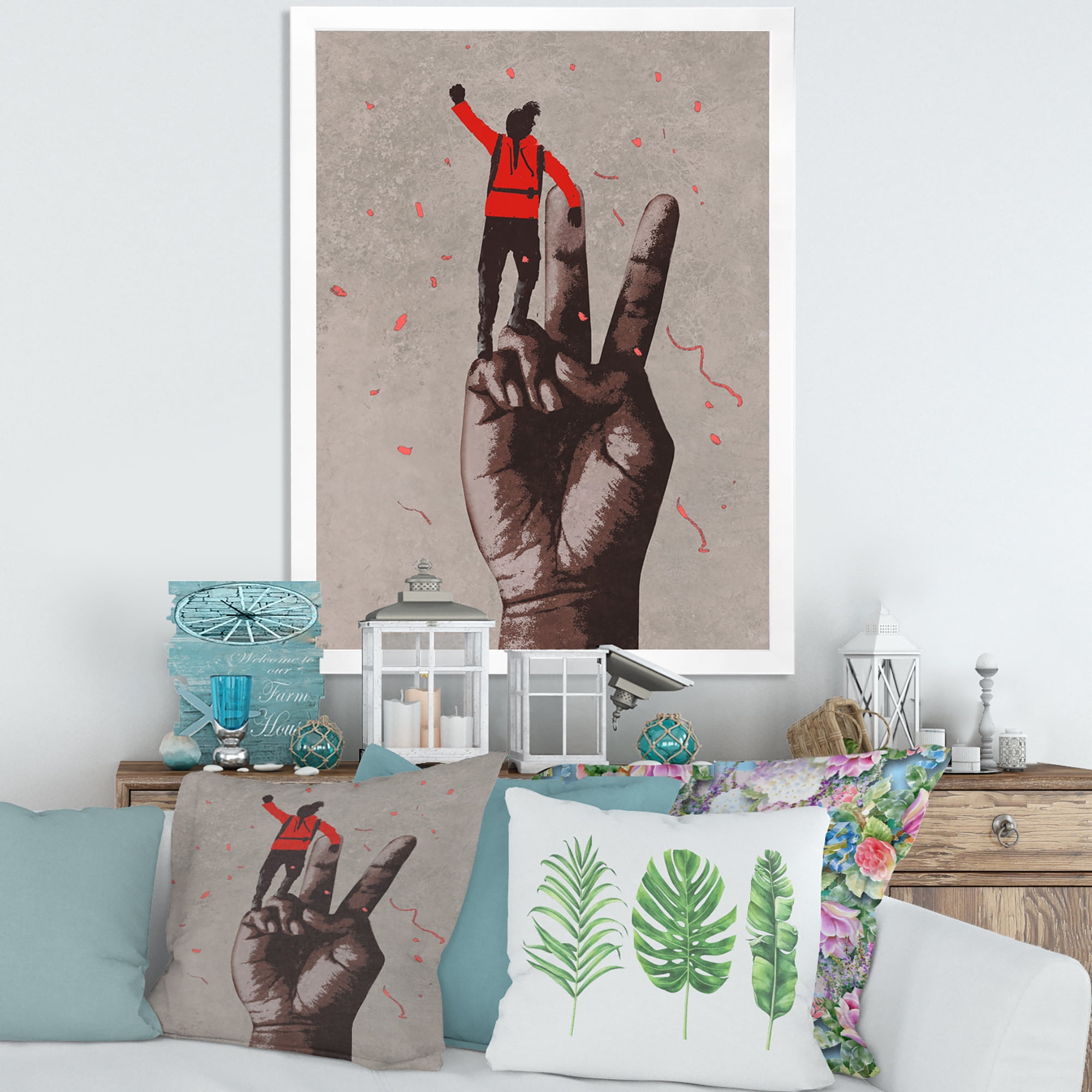 Designart 'Man With Arm Raised On Victory Sign' Modern Framed Art Print