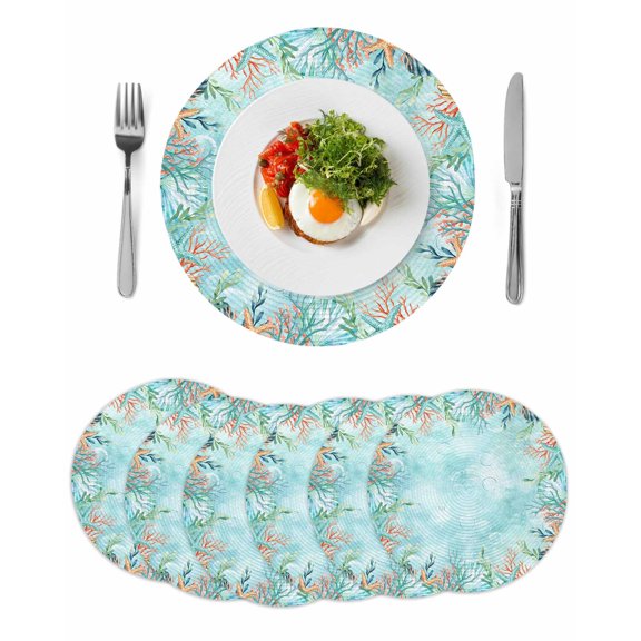 Coastal Round 13 Inch Placemats Set of 6, Summer Nautical Beach Coral Starfish Blue Ombre HeatResistant Non Slip Place Mats for Dining Table, Wipeable Braided Kitchen Table Mats for Housewarming