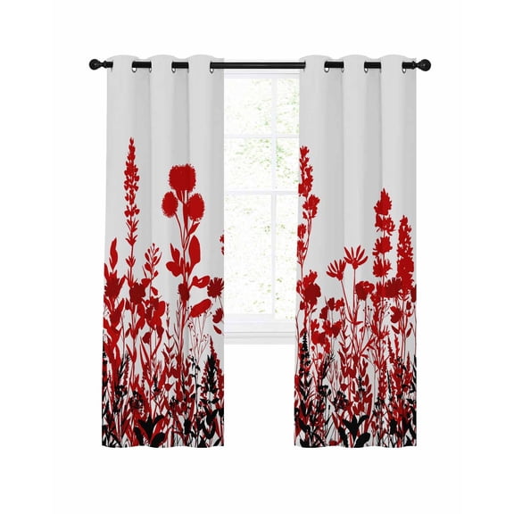 Red Flowers Blackout Curtains, Light Blocking Print Window Curtains, Rustic Spring Wild Floral Herbs Plants Thermal Insulated Window Drapes for Living Room Kitchen Cafe 2 Panels, 84"W x 84"L