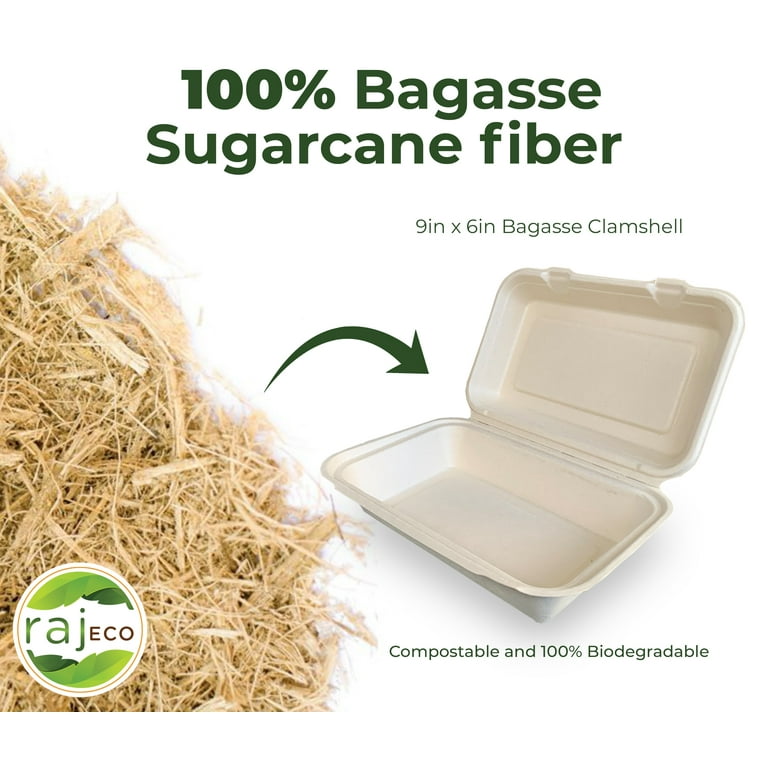 Raj Eco Bagasse 9 x 6 Clamshell Takeout Containers- 200 Pack