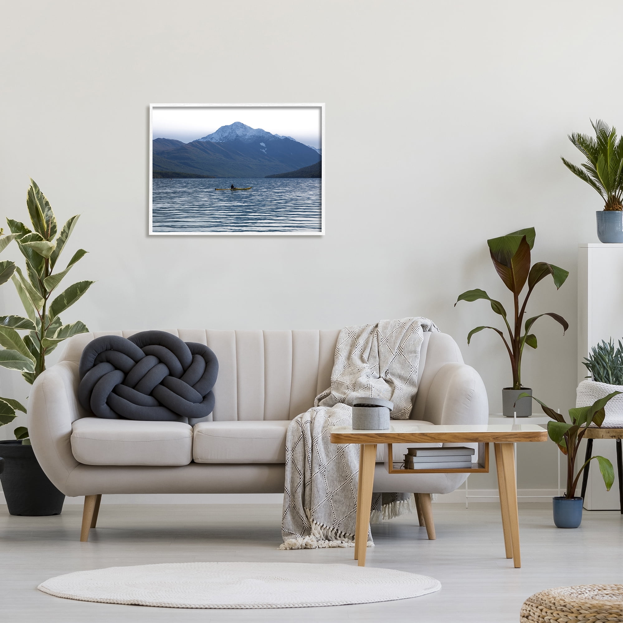 Stupell Industries Canoe & Mountain Lake Landscape Photography White Framed Art Print Wall Art, 30 x 24