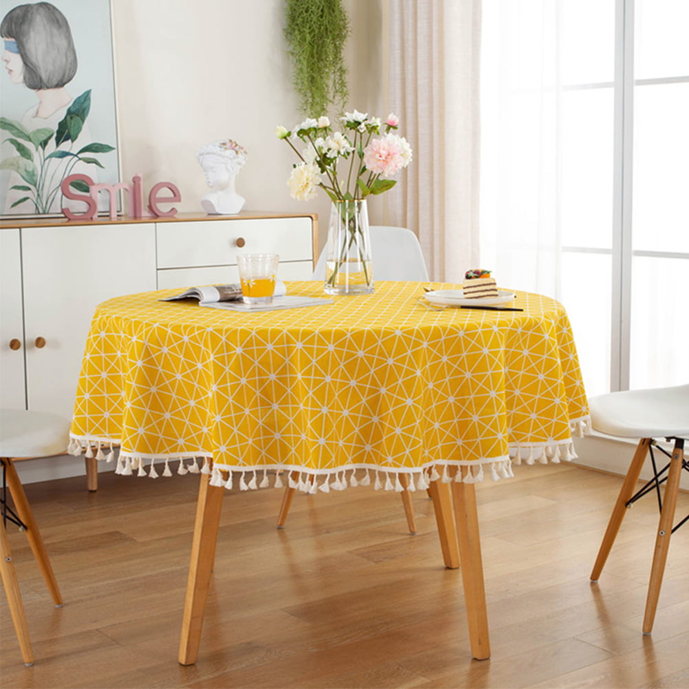 Wedding Party Cotton Linen Round Tablecloth Geometric With Tassel Simple 
