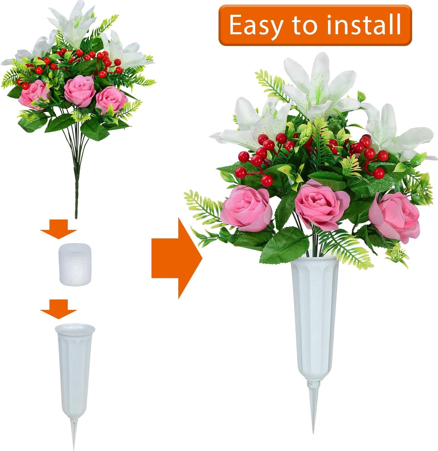 Artificial Cemetery Flowers for Grave, Set of 2 Artificial Memorial Flowers with Vase for Outdoor Cemetery Headstones Graveyard Gravestone Decoration (Red Lily&White Purple Peony)