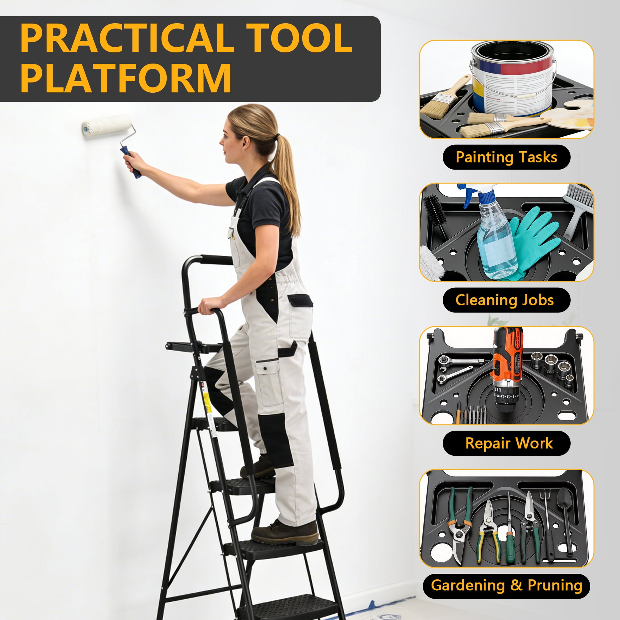 LevLad 5 Step Ladder with Tool Tray, Step Stool with Safety Lock, Non-Skid Wide Steps, Handrails, Household Folding Ladder for Home, Garden, Painting, Outdoor, Garage, Black