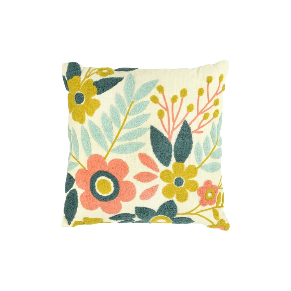 Creative CoOp Square Floral Embroidered Cotton Pillow