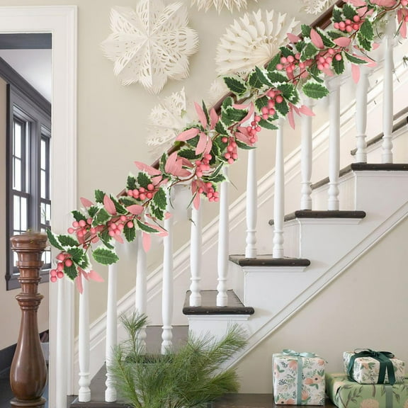Deeceymbur 64Inch Christmas Berry Vines Garland Flexible Faux Rattan with Red Pink Green Berries for Mantle Staircase Table Holiday Decor