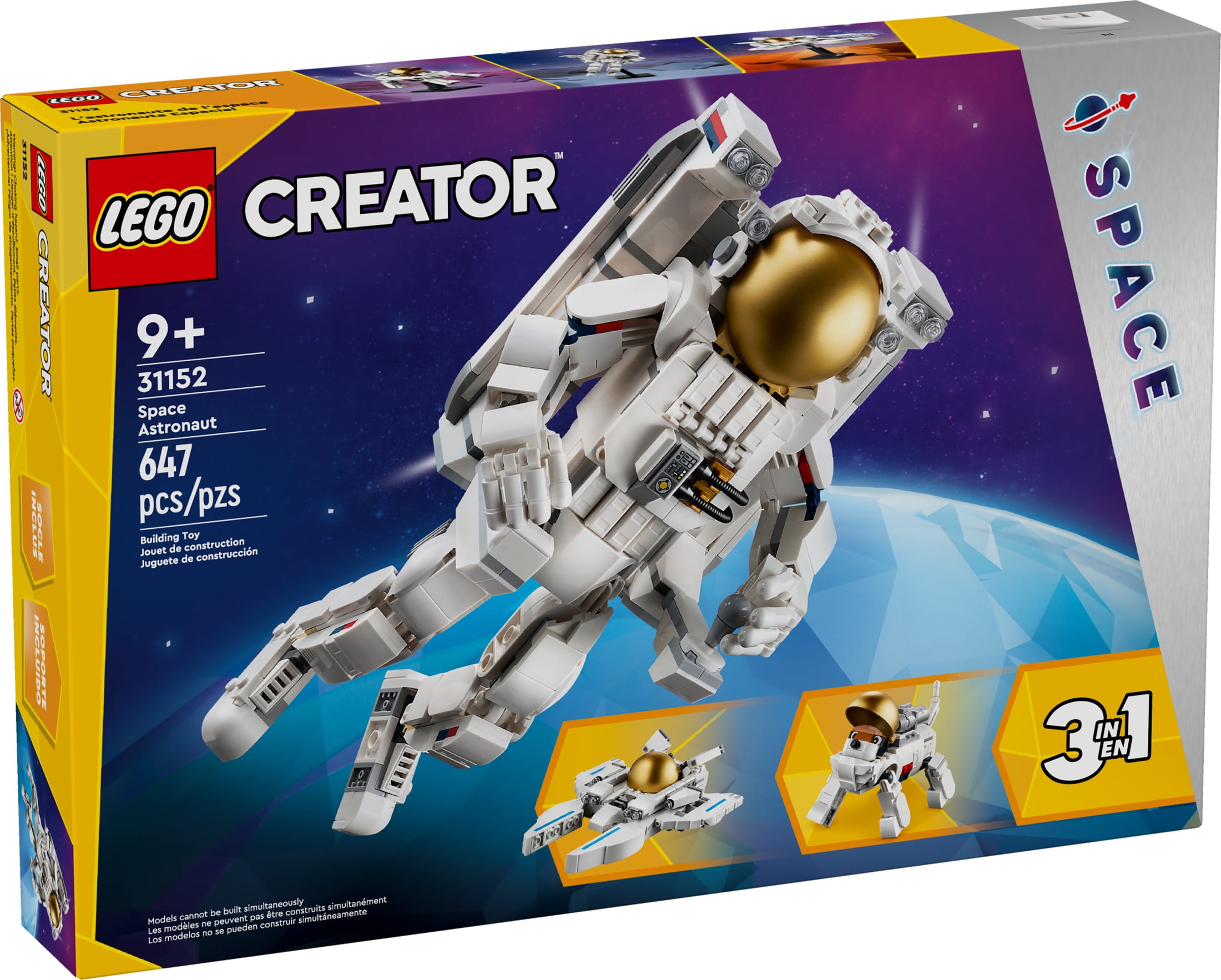 LEGO Creator 3 in 1 Space Astronaut Toy, Building Set Transforms from Astronaut Figure to Space Dog to Viper Jet, Space-Themed Gift Idea for Boys and Girls Ages 9 Years Old and Up, 31152