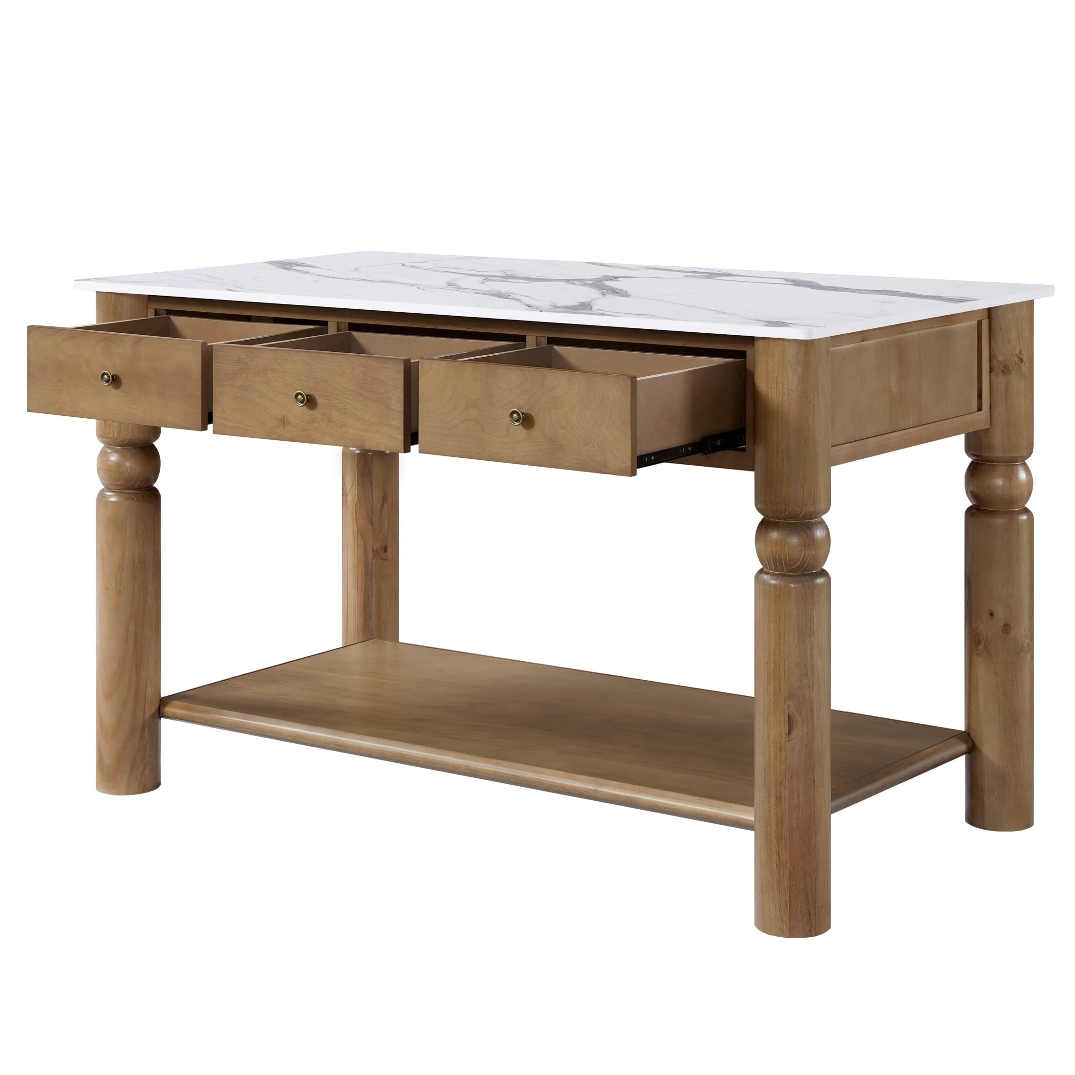 Christopher Knight Home 58" Wooden Kitchen Island, Marble-Look Top, Turned Ball Legs, Walnut+White