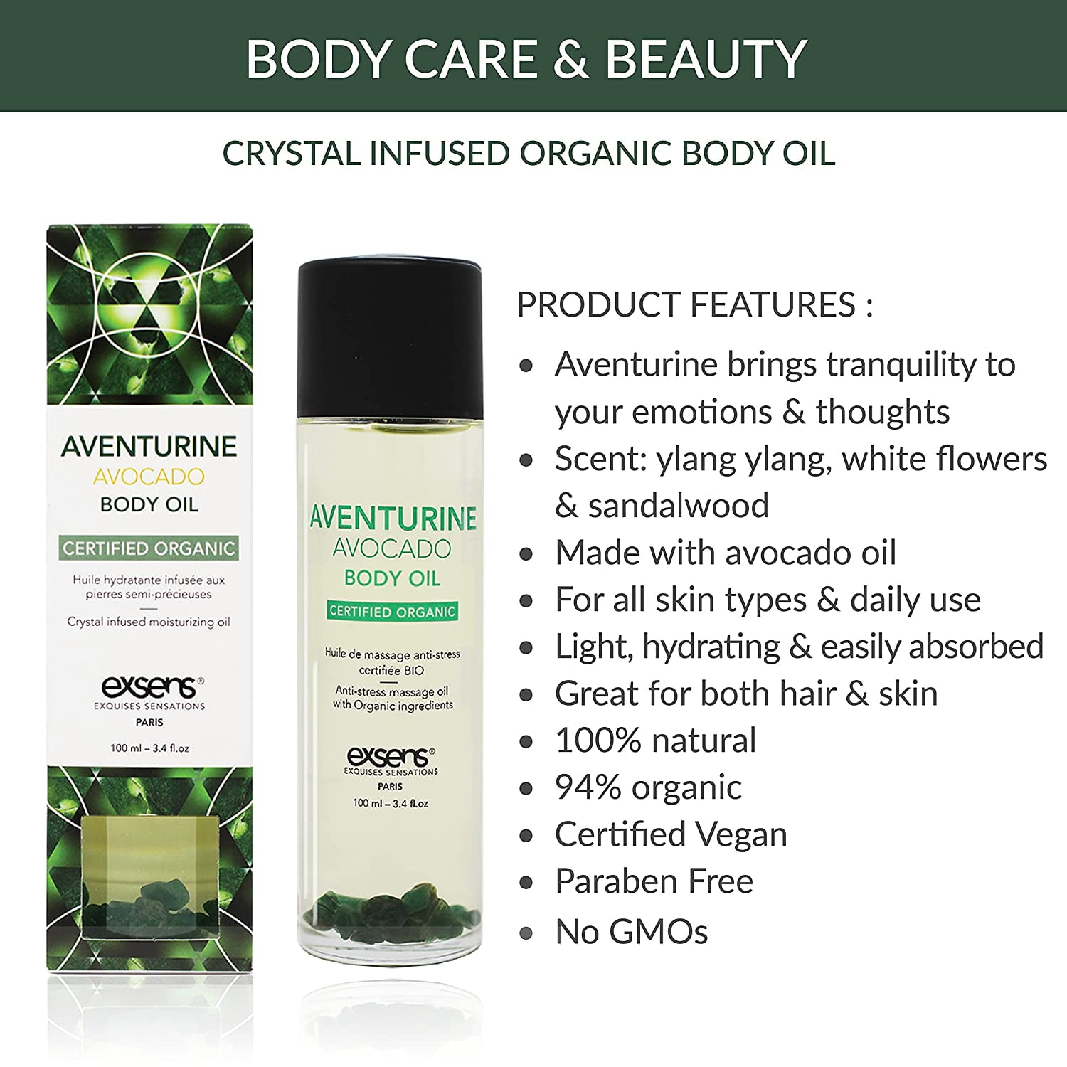 Exsens Avocado Aventurine Crystal Infused Body Oil, Moisturizer for Skin & Hair, Certified Vegan, Easily Absorbed Organic Body Oil, Natural Fragrance, 100ml (3.4 fl.oz), 1 Count