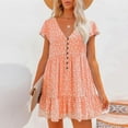 thumbnail image 2 of USSUMA Boho Dress for Women, Women's Tunic Dress Floral Printed Short Sleeve Casual Loose V Neck Ruffle Swing Mini Dresses Summer Beach Party Sundress, 2 of 5