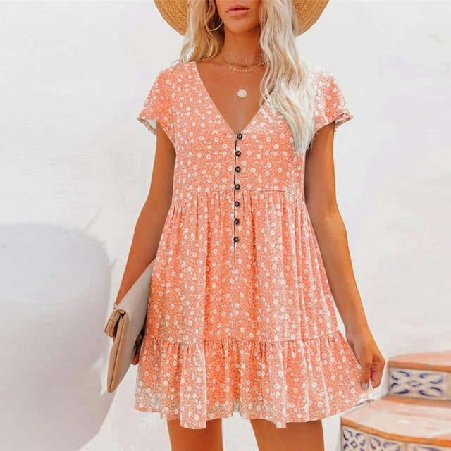 Qiopertar Mode Femmes Été Robe Décontractée à Boutons Imprimée Col en V Manches Courtes Grandes Économies de Vacances! Moins de 5$ jusqu'à 90 % de Réduction