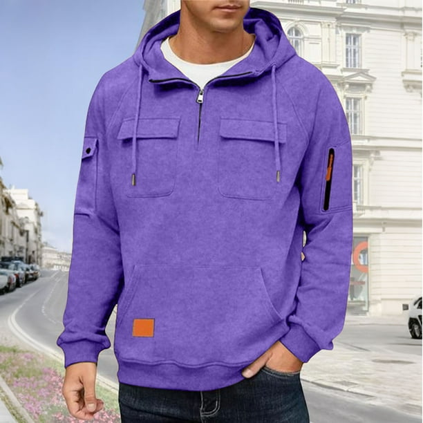 pstuiky camisas de manga larga para hombre, Sudadera con capucha, cremallera de un cuarto y múltiples bolsillos de manga larga de color liso para hombre Tops casuales para hombres xxxl
