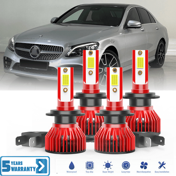 Fit for Mercedes Benz C300 2008-2019 – H7 H7LL LED Headlight Combo 4 Pack, 6,500K Cool White 30,000LM Super Bright, Premium LED High Low Beam Lamp Upgrade Set