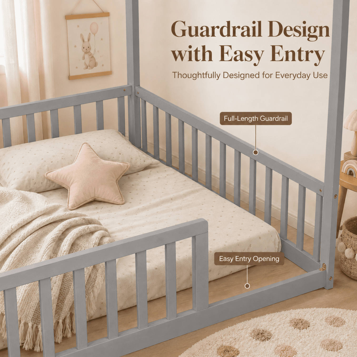 Miniyam Full Size Kids House Floor Bed with Fence, Wood Montessori Bed Frame, Gray