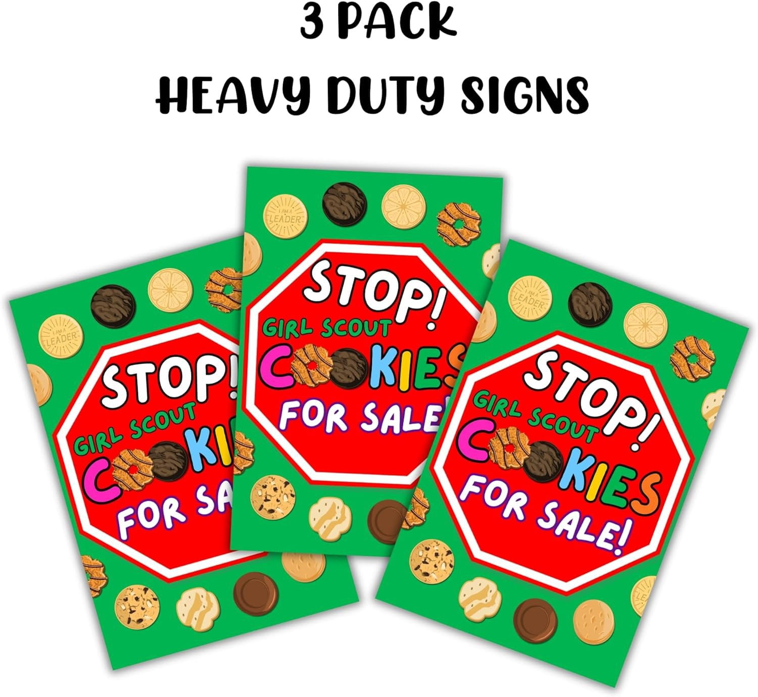 Stop Scout Cookies Sold Here  3 Pack, 12x18 Mixed Designs Outdoor Yard Sign Hold Up at Booth To Buy Girl Cookies Troop Leader and Number Reorder Sales Goal