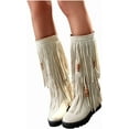 thumbnail image 3 of Women's Fringe Knee High Boots Fashion Round Toe Platform Low Heel Mid Calf Western Cowboy Tassel Boots, 3 of 6