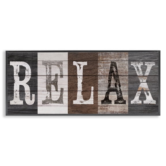 Stupell Industries Rustic Bathroom Relax Letters Quotes and Sayings Painting Black Framed Art Print Wall Art, 24 x 10
