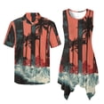 thumbnail image 2 of Psesaysky Matching Hawaiian Couple Outfit Palm Tree Sea Wave Print Mens Button Down Aloha Shirts Womens Sundress Sleeveless A Line Flowy Tank Dress,Red, 2 of 7