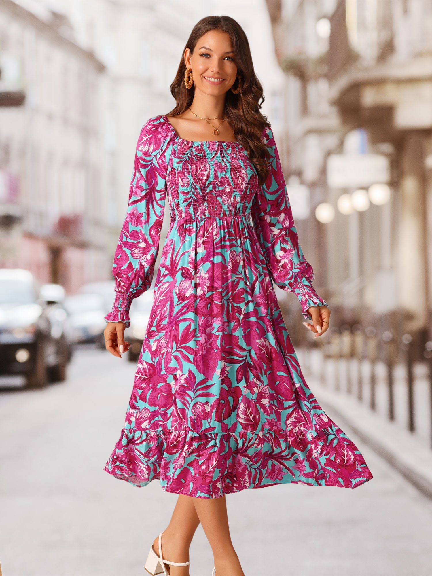 DARING DIVA Floral Square Neck Smocked Midi Dress S Hot Pink