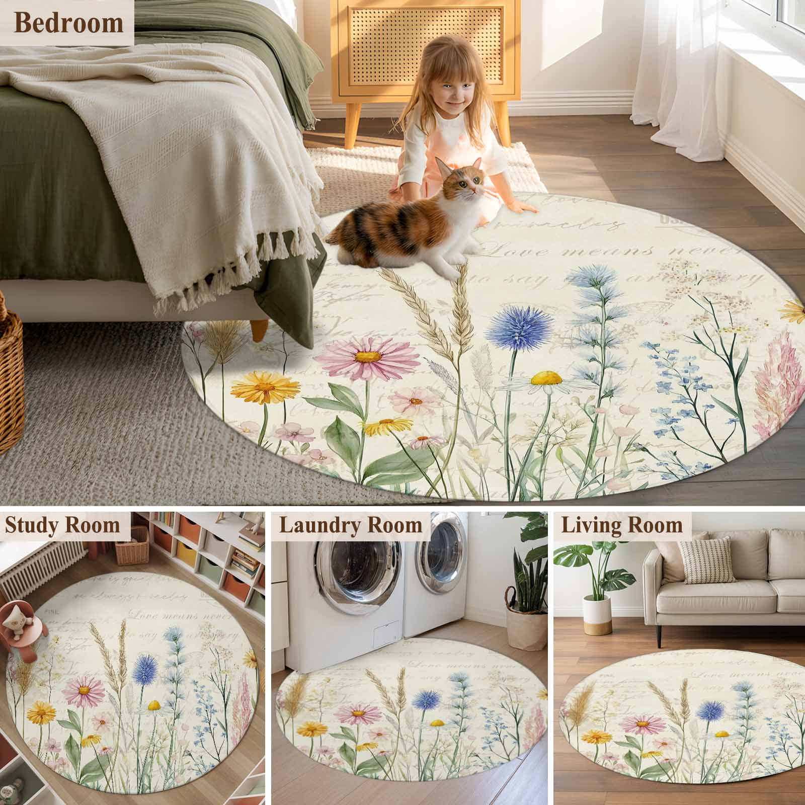 Spring Floral Round Rugs 4ft, Summer Farmhouse Vintage Botanical Non Slip Washable Rug Runner, Low Pile Indoor Floor Carpet Mat Bathroom Rugs for Living Room, Bedroom, Kids Room