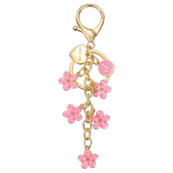 Initial Letter Keychain, Cute Flower Letter-J Keychains for Women Girls Pink
