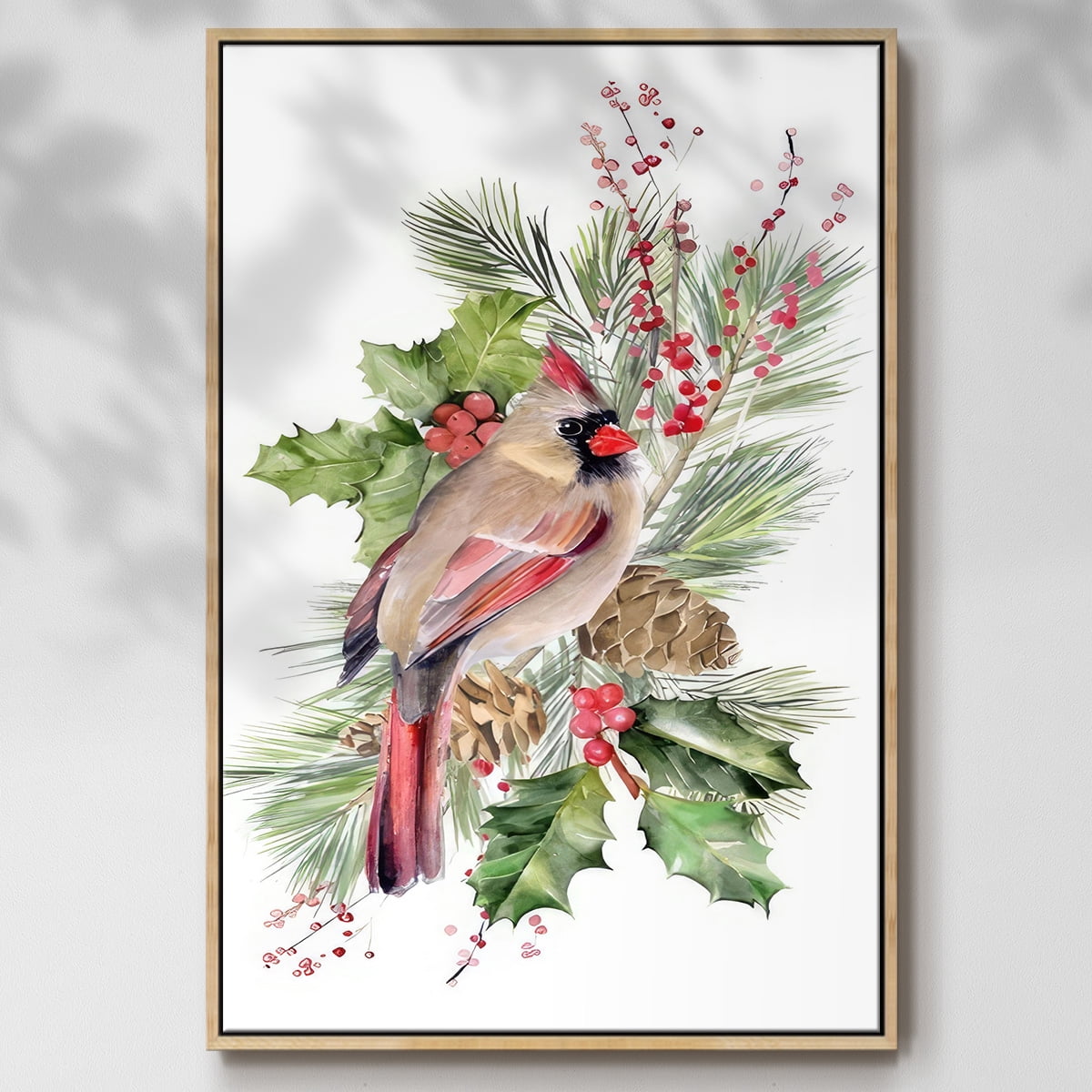 Cardinal Holly Christmas Collection B - Framed Gallery Wrapped Holiday Canvas - 25 x 37 - Natural Wood Frame