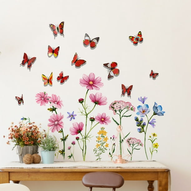 Fleur Rose Colibri et Papillon Stickers Muraux Arbre de Jardin