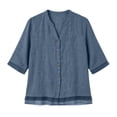 thumbnail image 4 of Shirts for Women Dressy Casual Mesh Hem 3/4 Length Sleeve Button Down Shirts Summer V Neck Trendy Solid Going Out Tops, 4 of 8