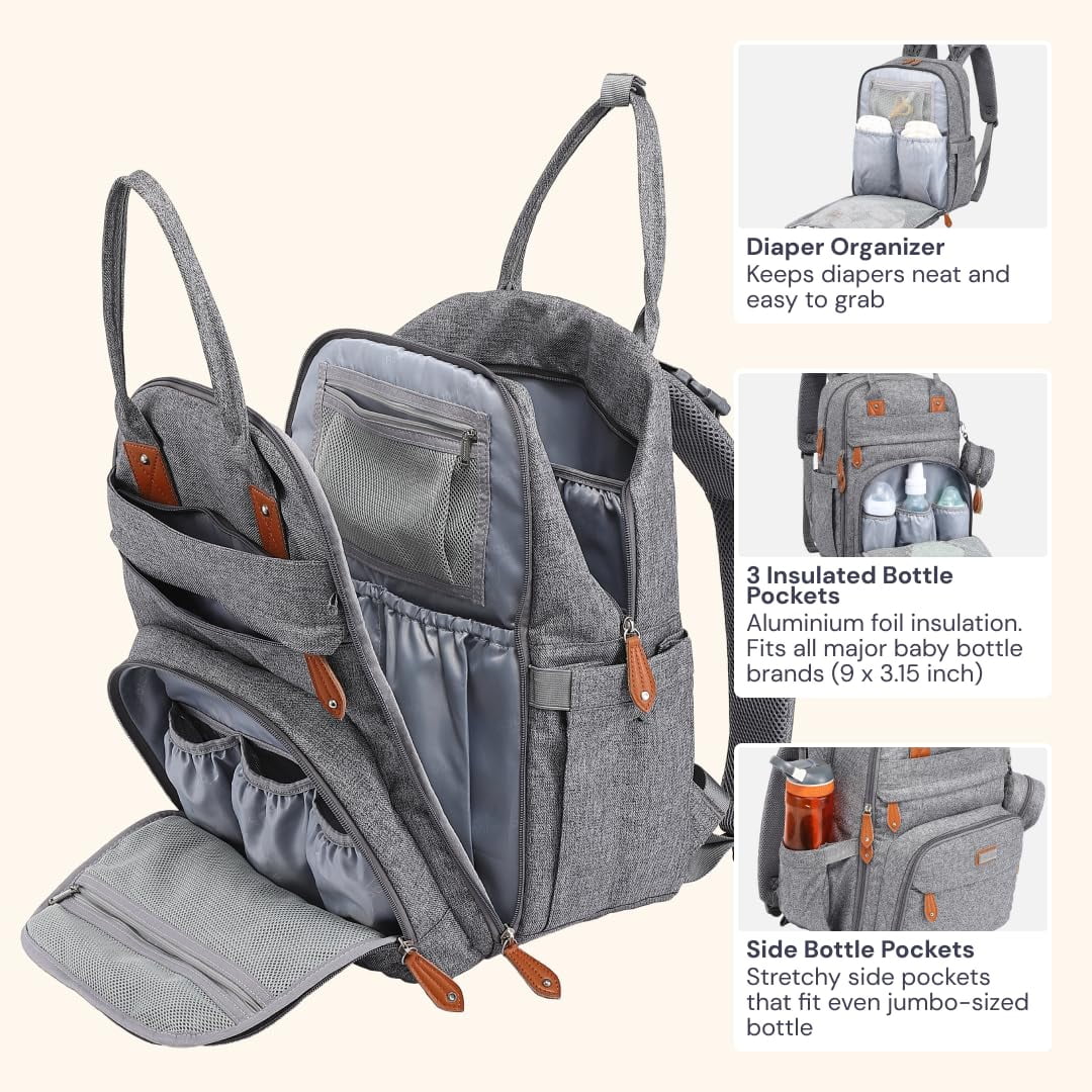 BabbleRoo Diaper Bag Backpack, Multifunction Original Baby Diaper Bag with Insulated Pockets, Light Gray