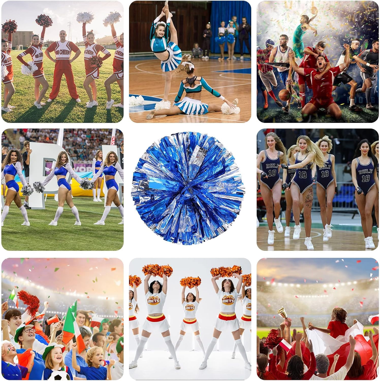 Cheer pom pom, 8 PCS Cheerleading Pom Poms, Premium Metallic Pom Poms Set Cheering Hand Flowers Handle Dance Pom Poms Cheering Squad Pompoms for Football Basketball Cheers