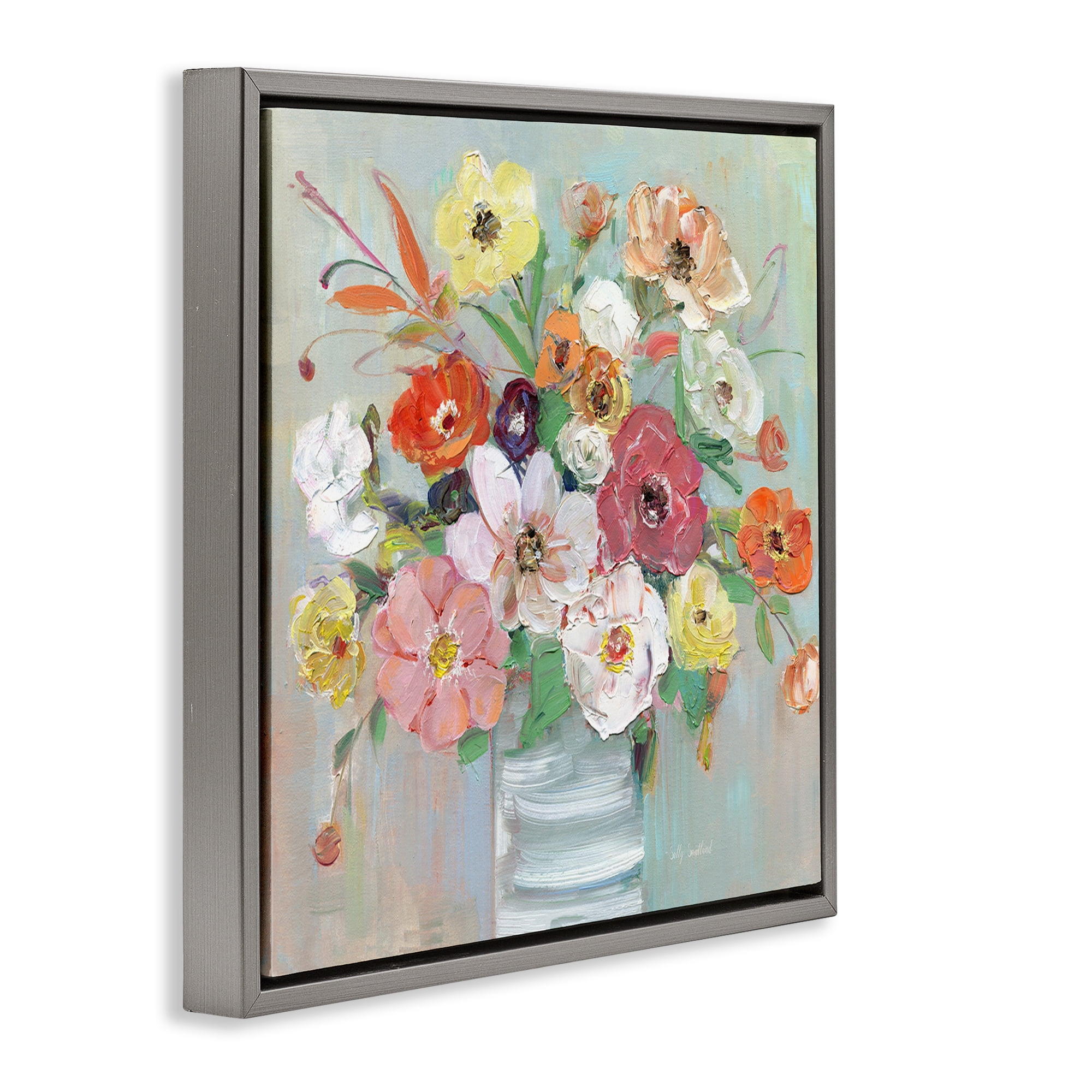 Stupell Industries Energetic Blossom Bouquet Gray Framed Floater Canvas Wall Art, design by Sally Swatland