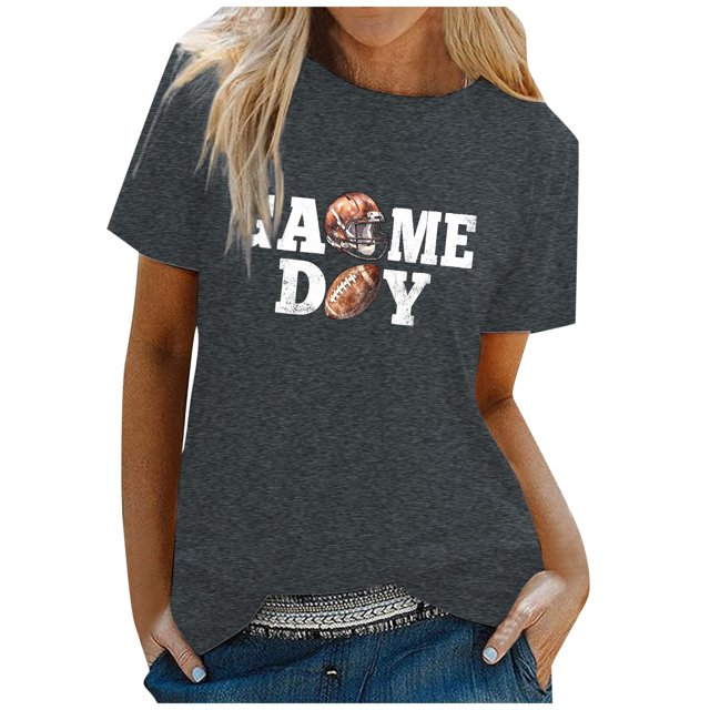 TSADFHJI T-Shirts pour Femmes Manches Courtes Col Rond Rugby Imprimé Lettre TTG Gris