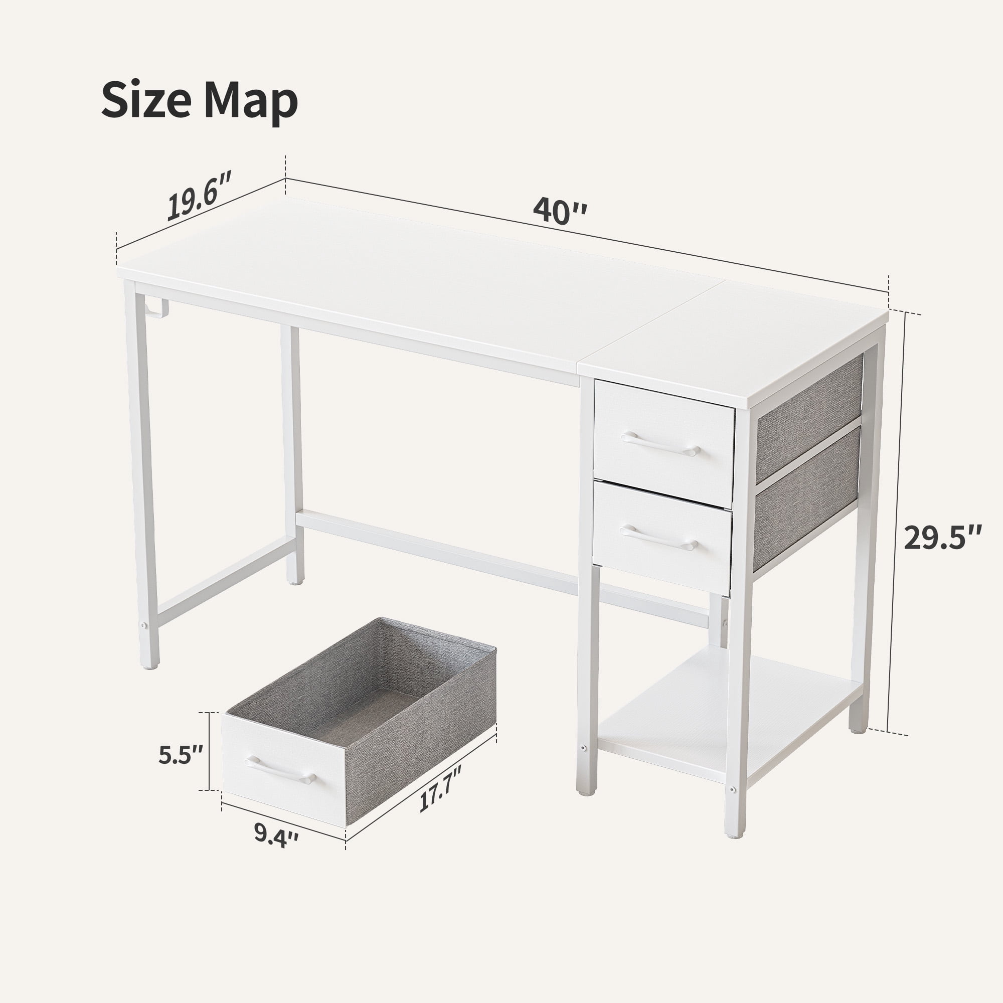 Banti 40" Modern Computer Desk with Drawers and Shelf, Reversible Storage, Small Study Table for Home Office, Bedroom or Dorm, White