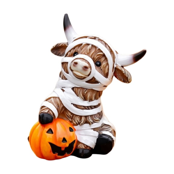 Halloween Decor Indoor Resin Highland Cow Figurine Pumpkin Sculpture Fall Decorations for Home Spooky Holiday Decoration Desktop Ornament Tabletop Party Centerpiece Style A